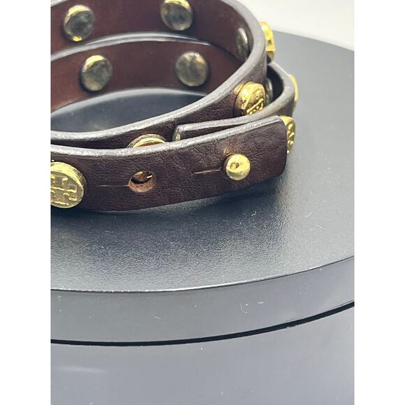 Tory Burch Jewelry Leather Brown Double Wrap Gold Logo Bracelet - Picture 7 of 7